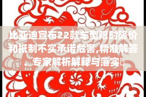 比亞迪宣布22款車型限時降價和抵制不實承諾危害,精準解答、專家解析解釋與落實?